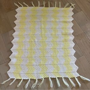 Vintage Handmade Crochet Knit Afghan Yellow And White Chevron